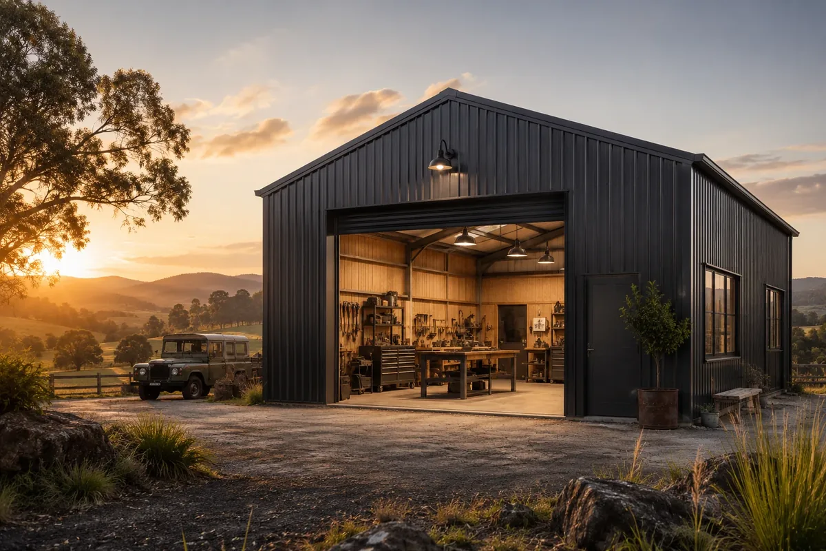 Workshop shed kit with roller door and personal access door